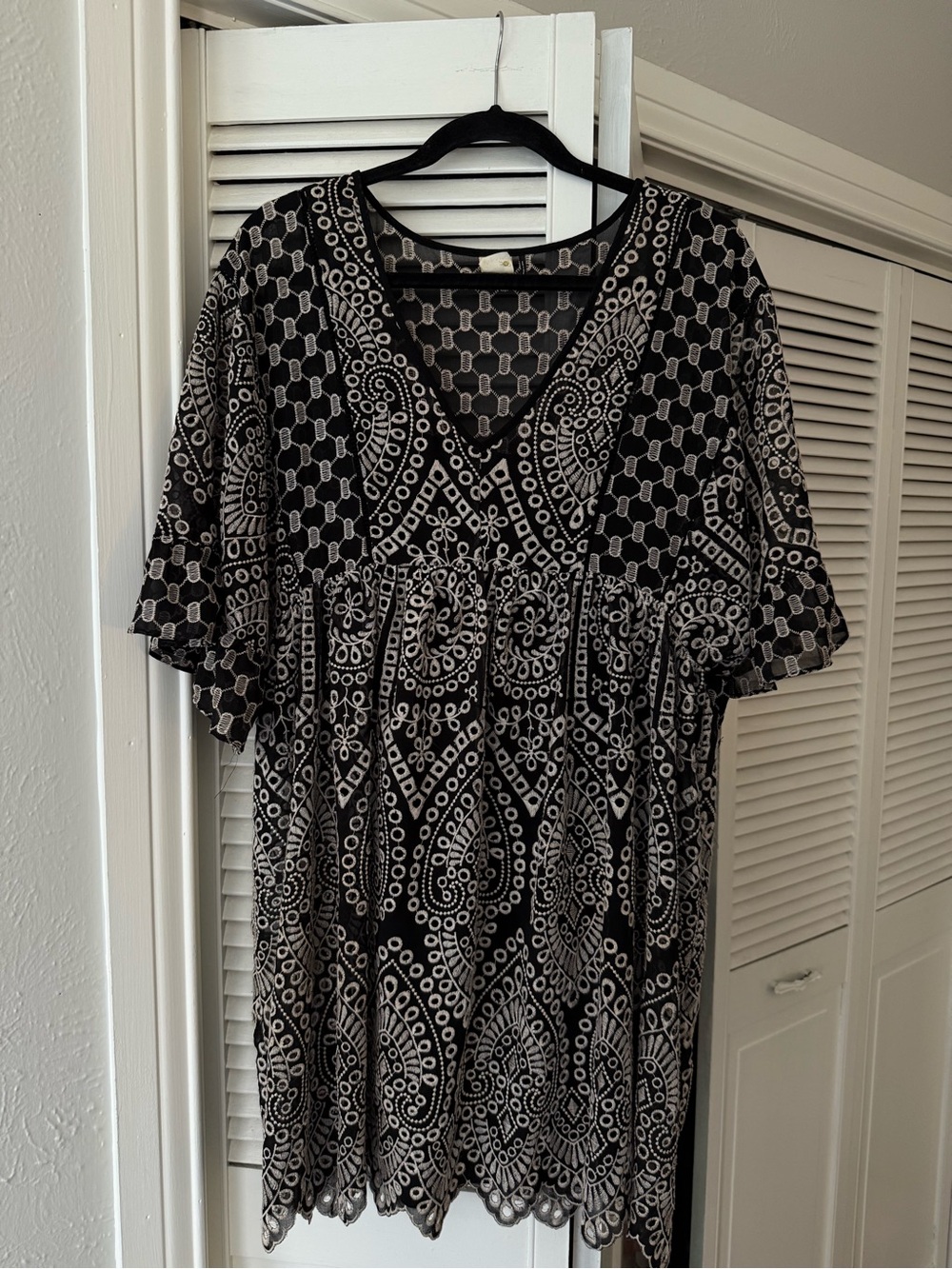 Anthropologie Black and White Midi Dress with Geometric Paisley Print